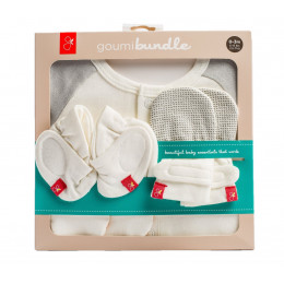 Set de naissance. Moufles, chaussons souples turbulette en matières Bio et respirantes 0/3 mois