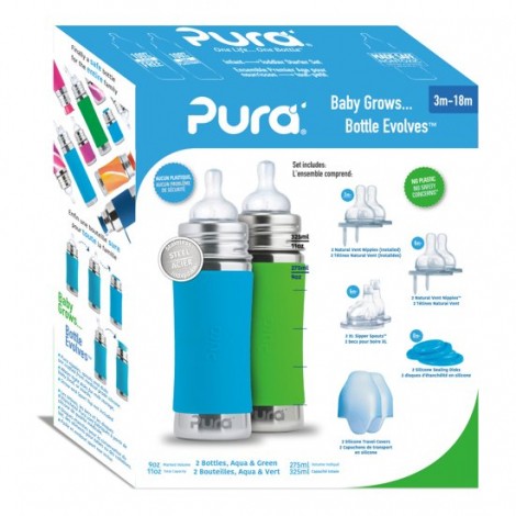 Kit 2 biberons évolutifs inox 325 ml - vert / turquoise Kit 2 biberons évolutifs inox 325 ml - vert / turquoise