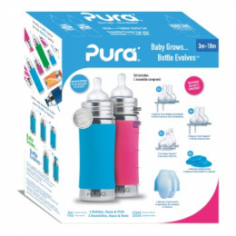 Kit 2 biberons évolutifs inox 325 ml - rose / turquoise