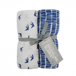 Langes d'emmaillotage en coton - Hirondelles bleues - Lot de 2