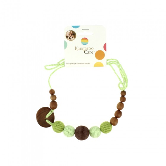 Collier d'allaitement et de portage - Vert, chocolat et bouton en bois de pommier