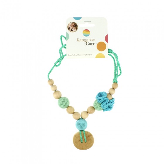 Collier d'allaitement et de portage Fleur - Menthe, bleu ciel et bouton en bois de genévrier