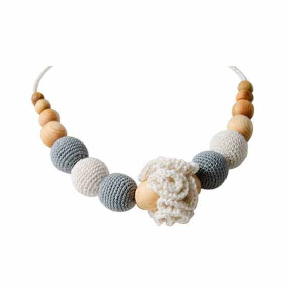 Collier d'allaitement et de portage - colori gris et beige, fleur beige